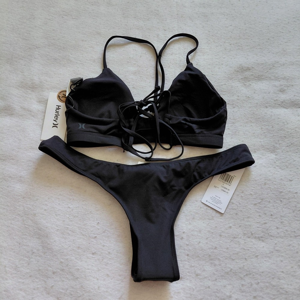 Hurley Black 2 Piece Bikini Set Large Triangle Top Skimpy Bottom Support NWT - Picture 3 of 5